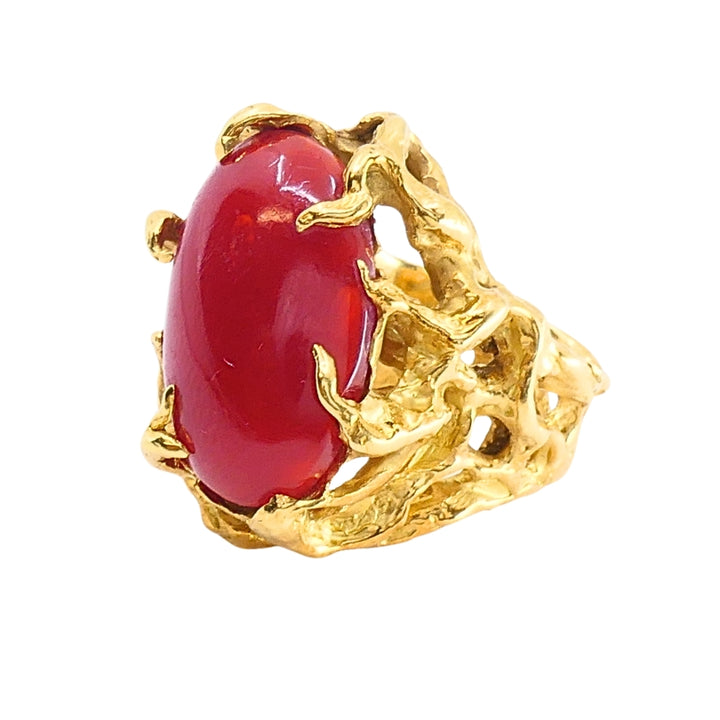 Arthur King 18k Gold Brutalist  Coral Cabochon Cocktail Ring