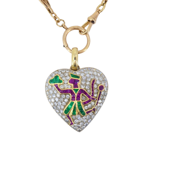 Vintage Heart Pendant Diamond Platinum Indian Mythology Motif 14k Chain