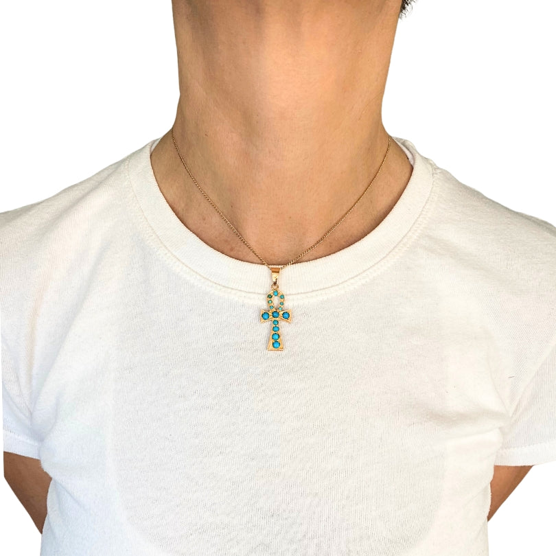 Vintage 21k Gold Turquoise Ankh Pendant 14k Gold Chain Necklace