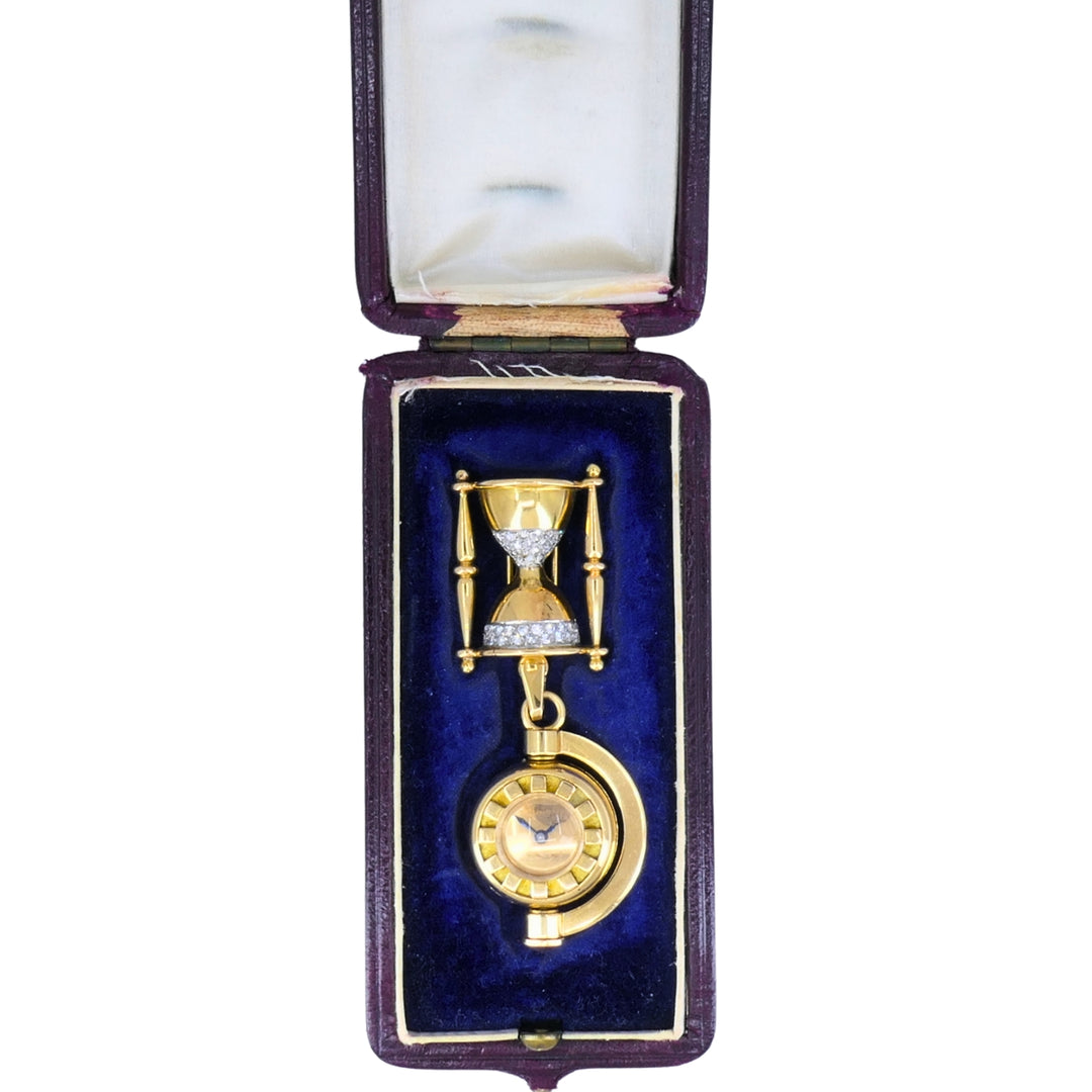 Vintage French Lapel Watch Pin Clip 18k Gold Diamonds