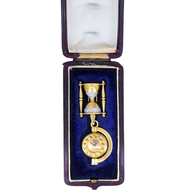 Vintage French Lapel Watch Pin Clip 18k Gold Diamonds