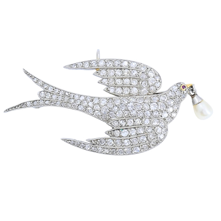 Diamond Pendant Bird Pin with Pearl Drop