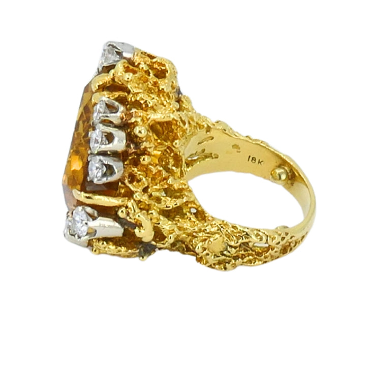Vintage 18k Gold Citrine Diamond Ring Brutalist Design