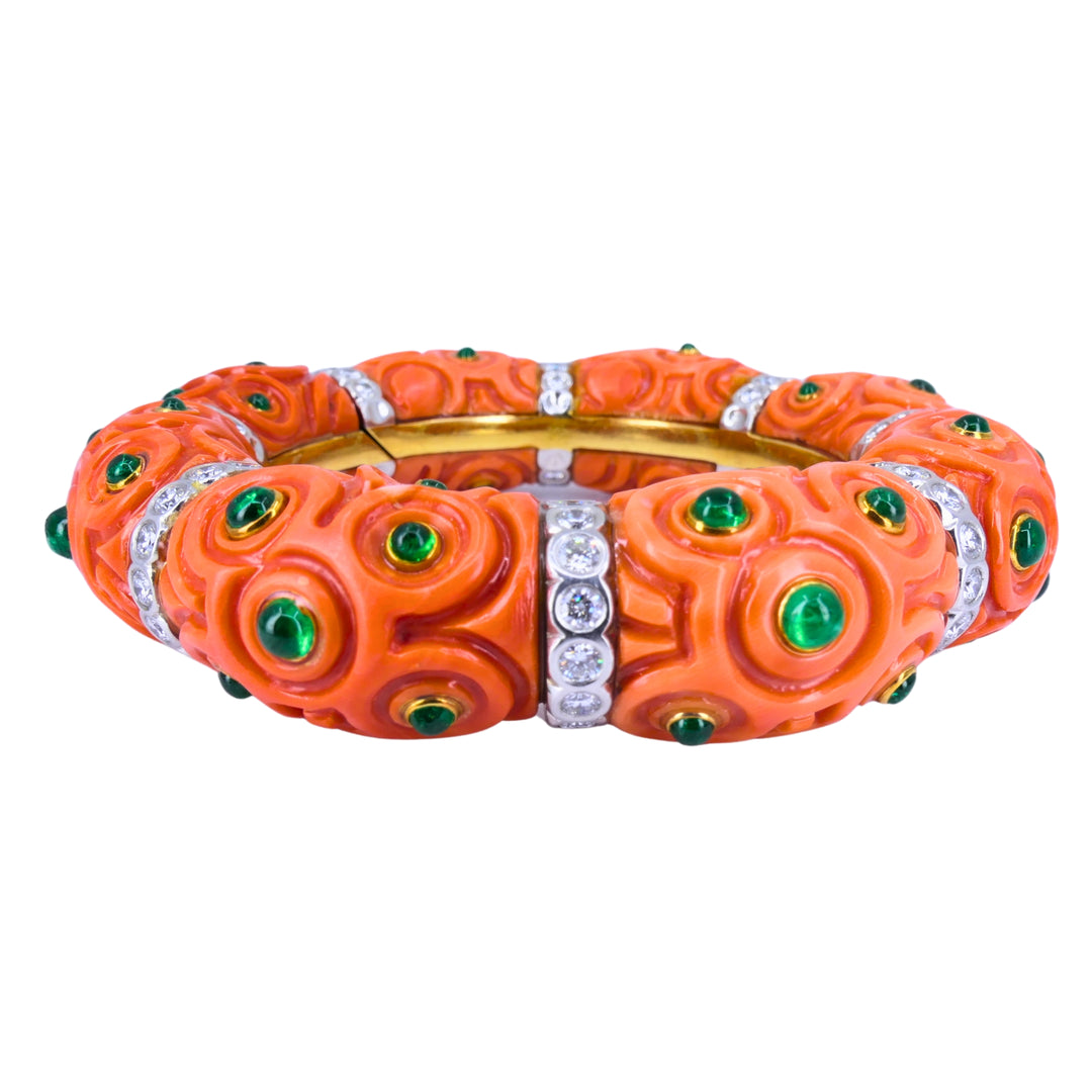 Steven Grotell Platinum and 18k Gold Bracelet Diamond Emerald Carved Coral