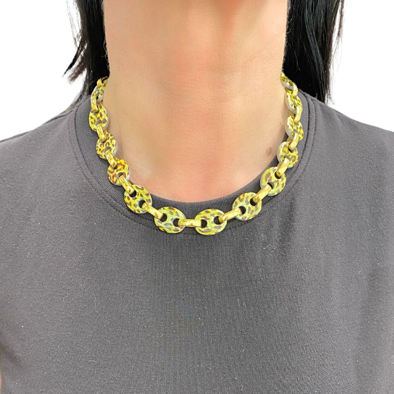 Nicolis Cola for Nardi 18k Gold, Metal Leopard Enamel Nautical Link Necklace