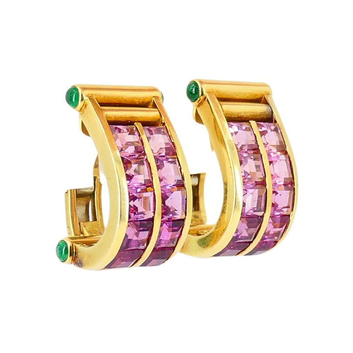 Vintage Bulgari 18k Gold Emerald Pink Tourmaline Earrings