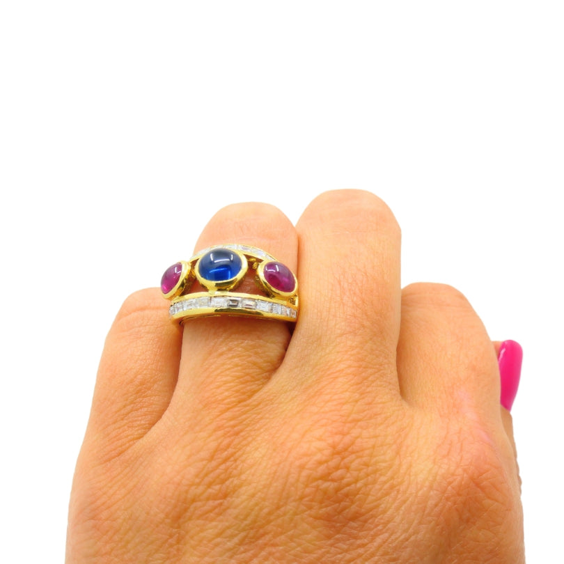 Vintage 18k Gold Ring Cabochon Ruby Sapphire Diamond