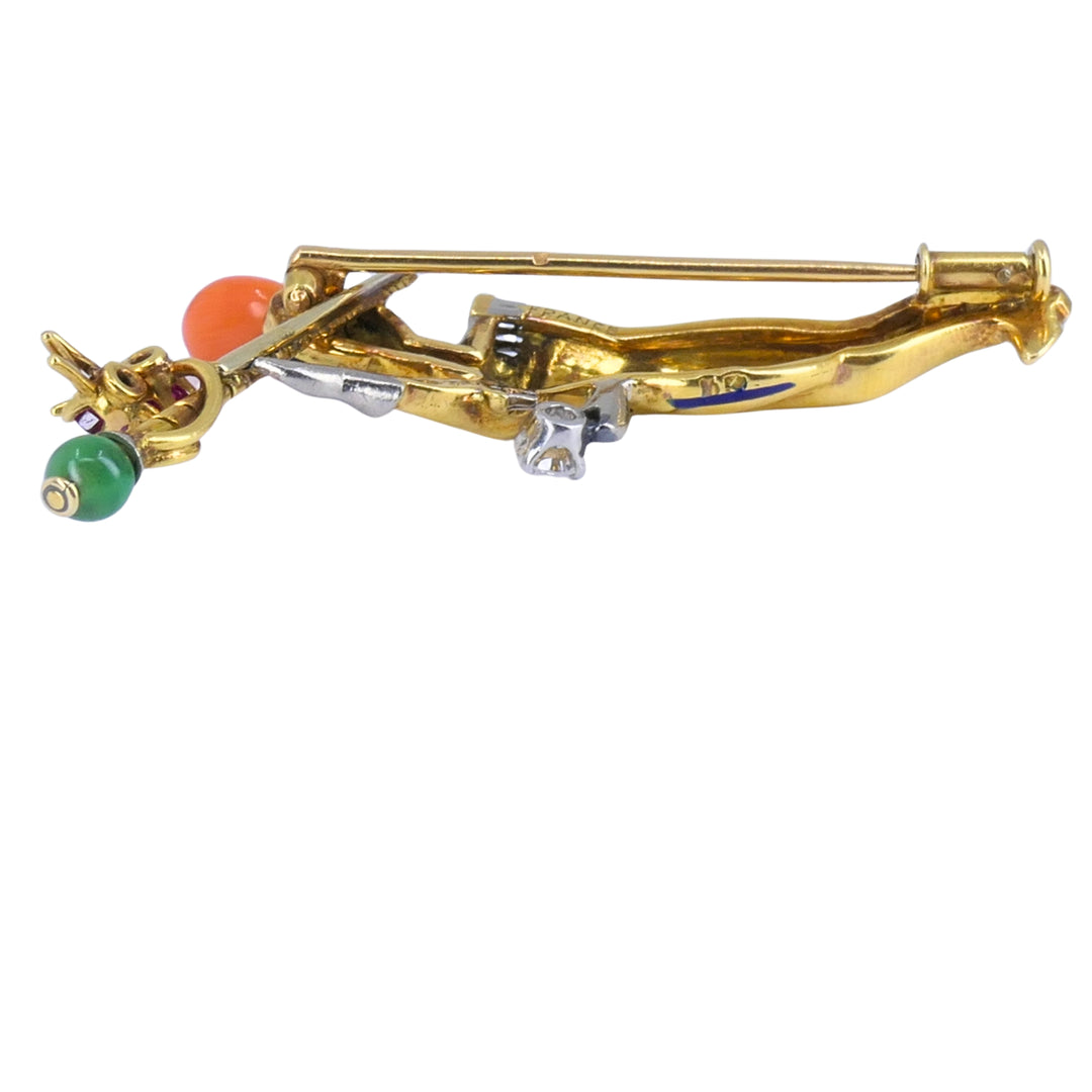 18k Gold Brooch Diamond Coral Enamel & Gem-Set Military Musician French Jewelry