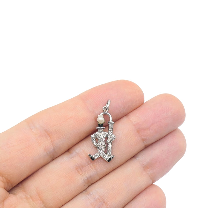 Platinum Diamond Walking Gentleman Charm Pearl Head