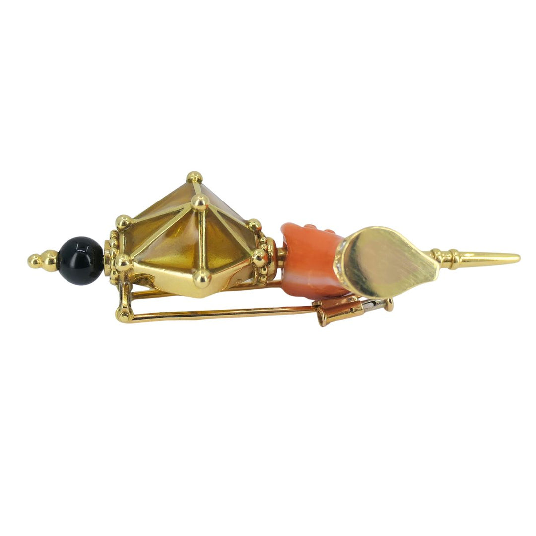 Vintage French 18k Gold Coral Diamond Clip Brooch