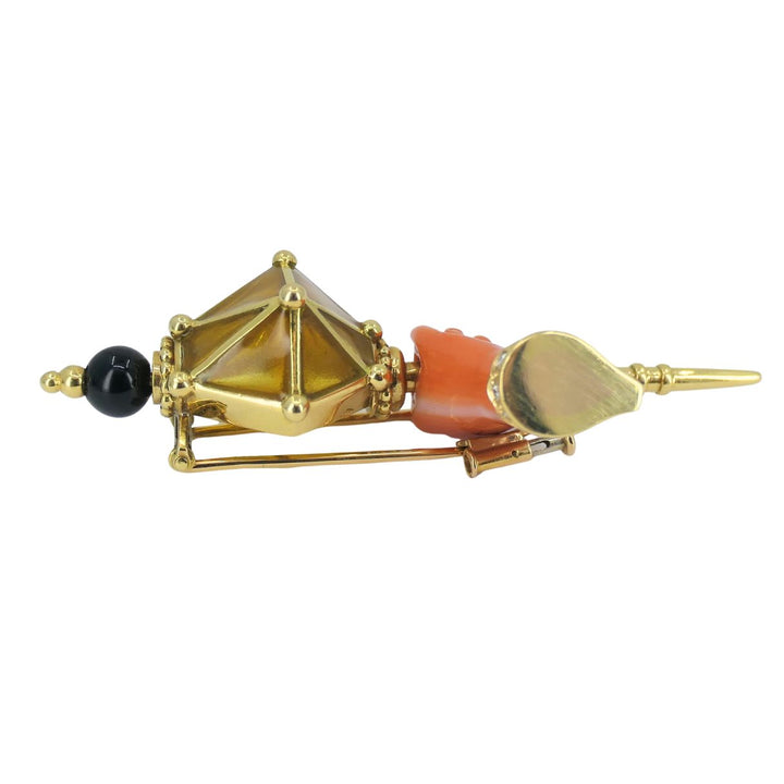 Vintage French 18k Gold Coral Diamond Clip Brooch