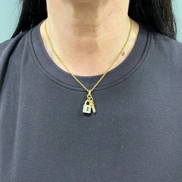 14k Gold Diamond Lock & Key Pendant Necklace