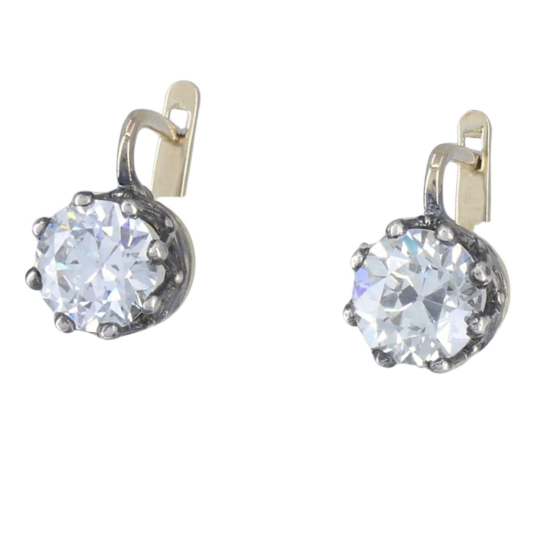 Antique Two Tone Diamond Drop Earrings 14k Gold Silver Old European Cut