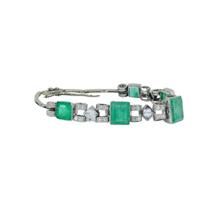 Victorian 18k White Gold Emerald Diamond Bracelet