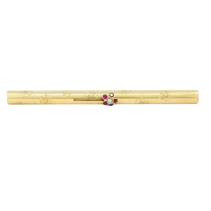 Retro 1940s Van Cleef & Arpels 14k Gold Ruby Pocket Make-Up Brush