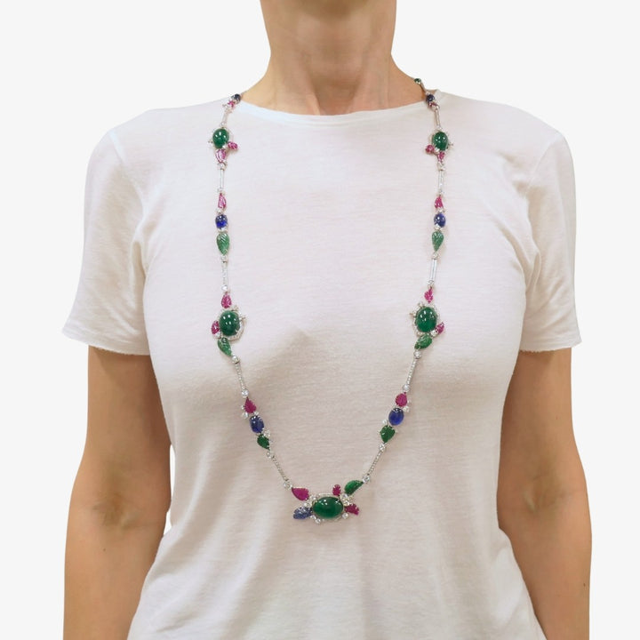 Sabbadini Tutti-Frutti Necklace 18k White Gold Carved Gemstones