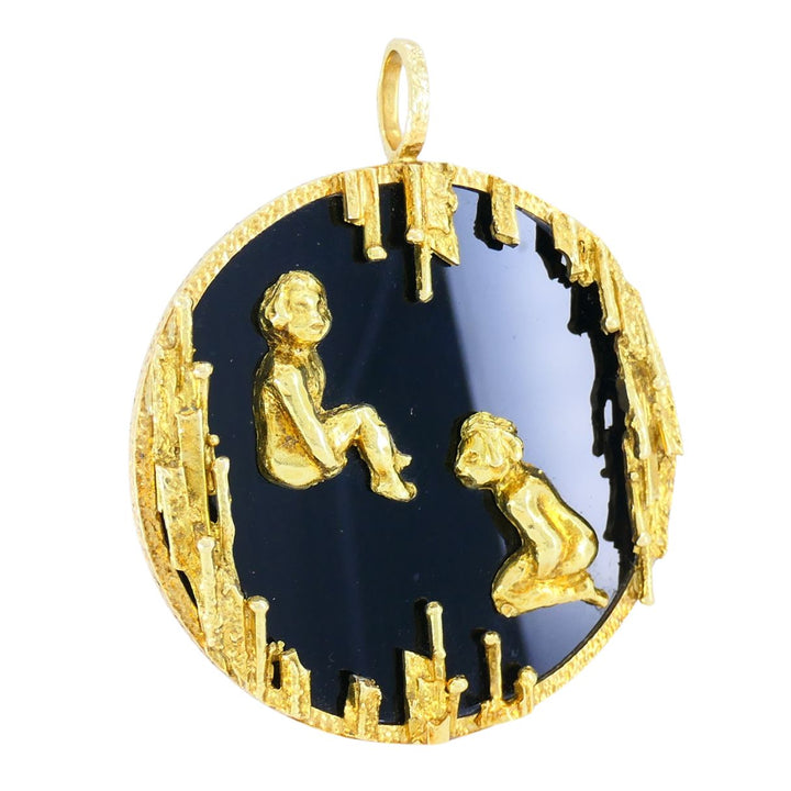 Vintage Kutchinsky 18k Gold Onyx Gemini Zodiac Pendant, Original Box