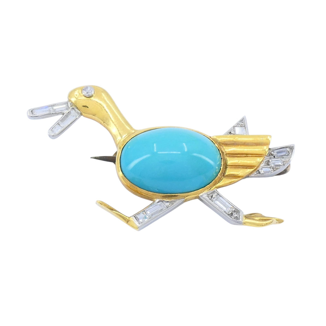 Marchak French 18k Gold Platinum Diamond Turquoise Duck Brooch