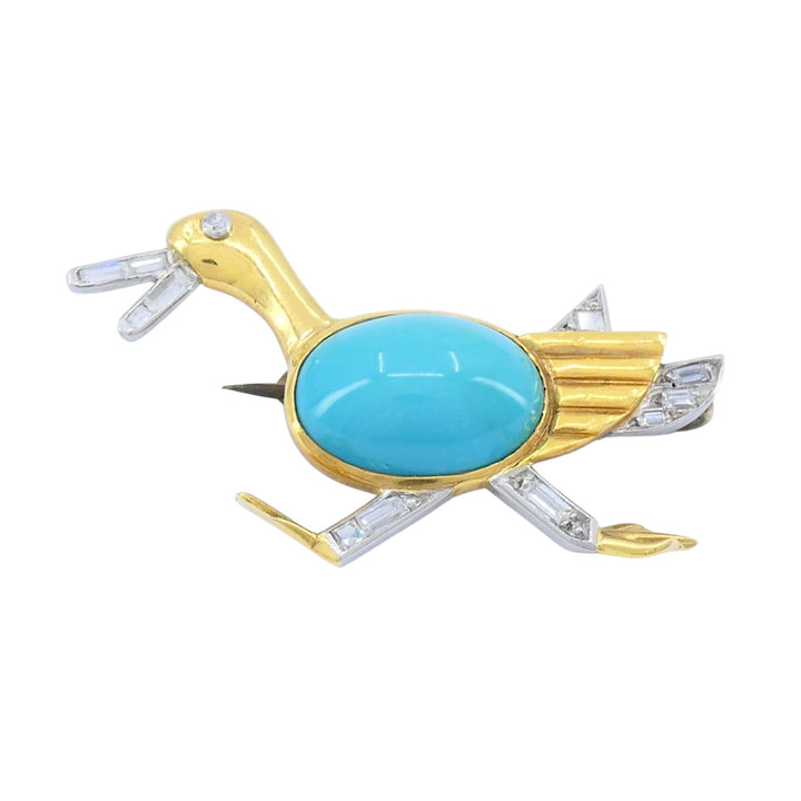 Marchak French 18k Gold Platinum Diamond Turquoise Duck Brooch