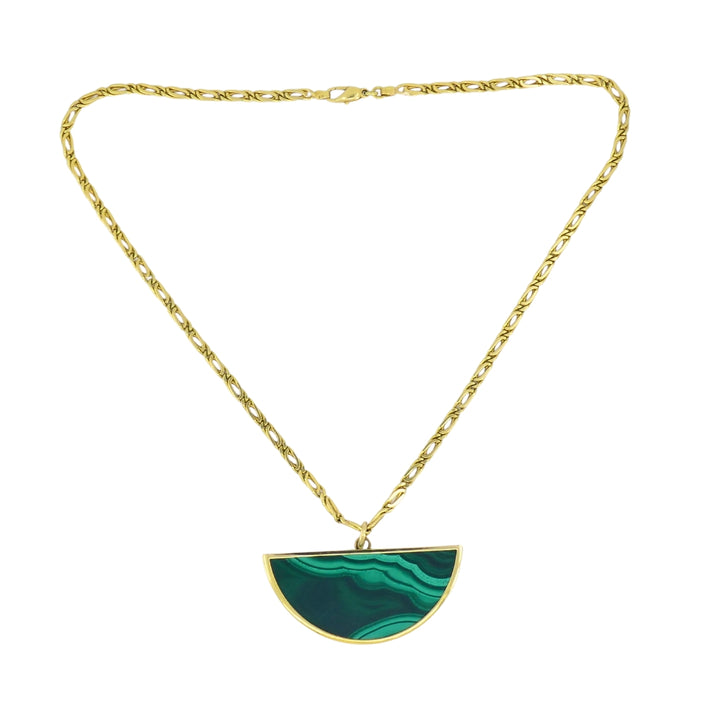 Vintage 18k Gold Necklace Malachite Pendant Oval Link Chain
