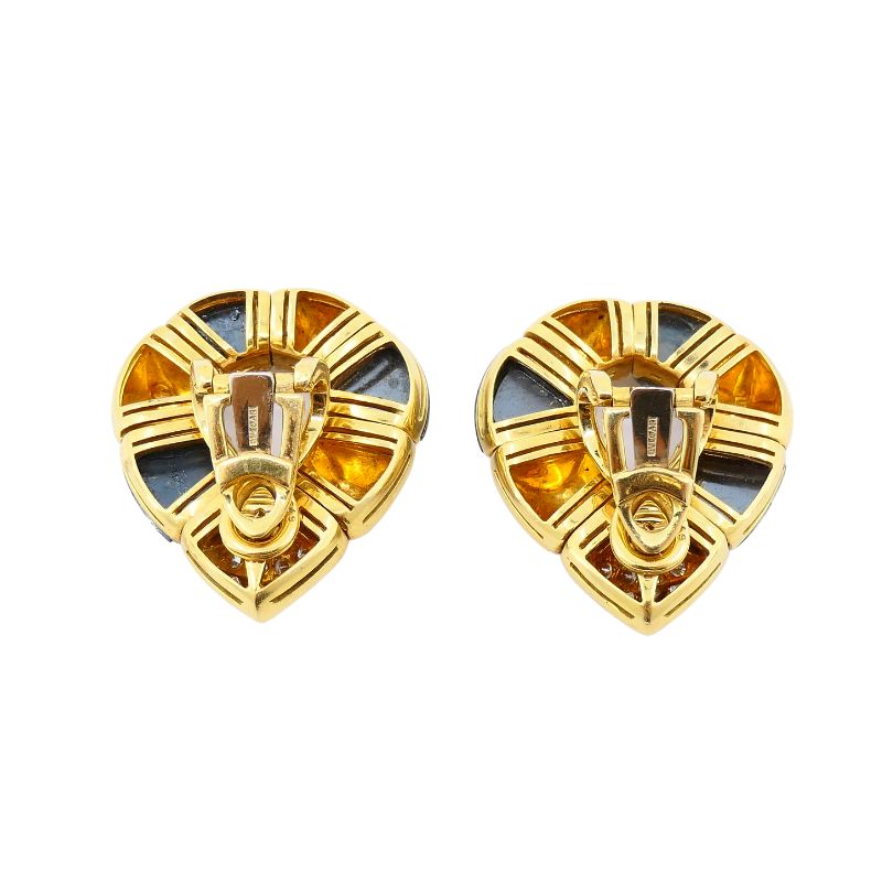 Vintage Bulgari 18k Gold Hematite Diamond Clip Earrings