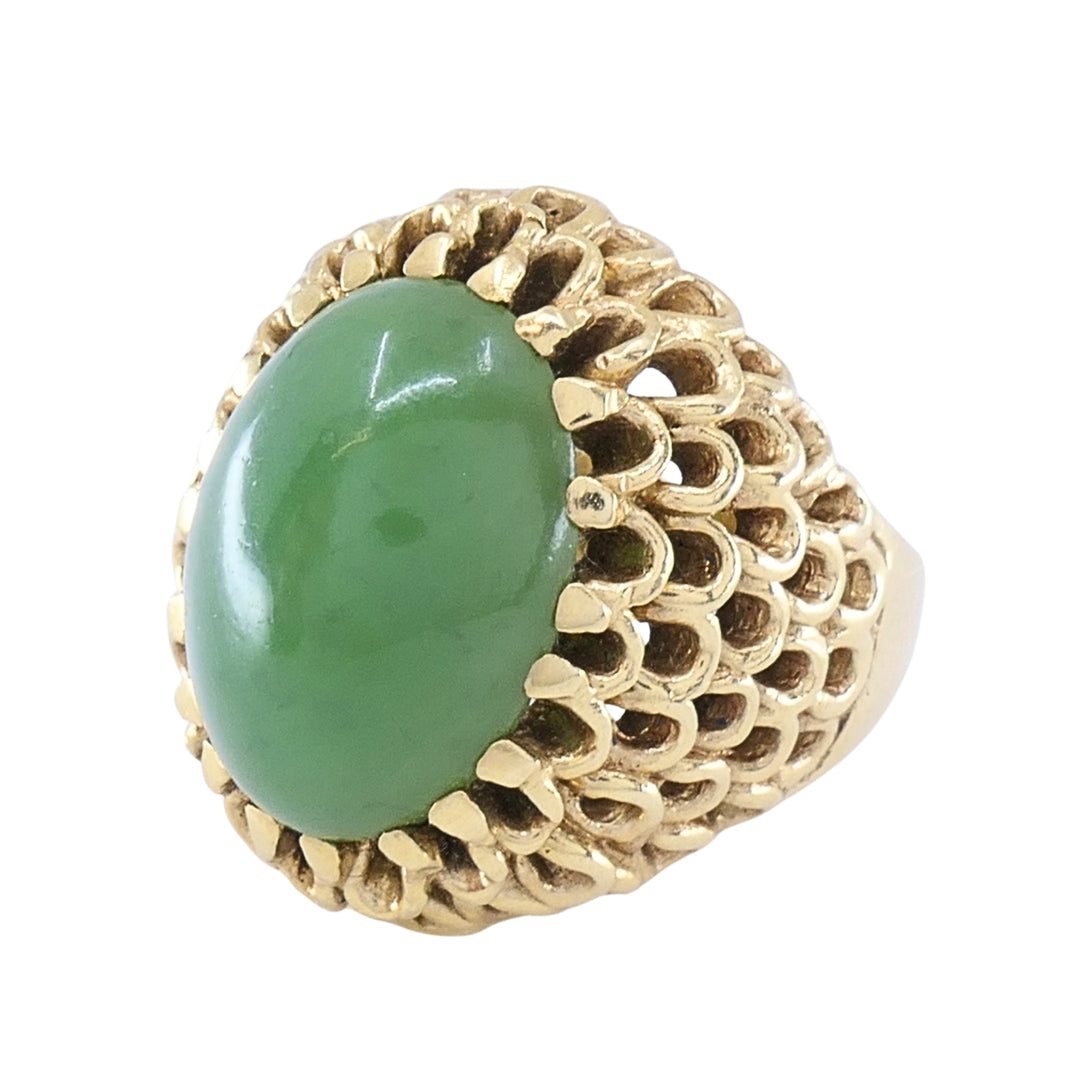 Vintage 14k Gold Green Jade Cabochon Cocktail Ring, Ornate Openwork Mounting