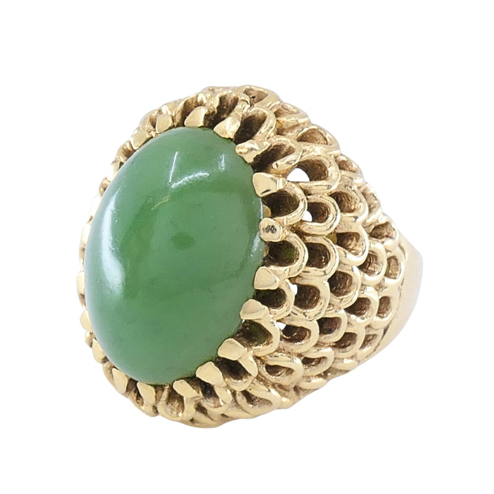 Vintage 14k Gold Green Jade Cabochon Cocktail Ring, Ornate Openwork Mounting