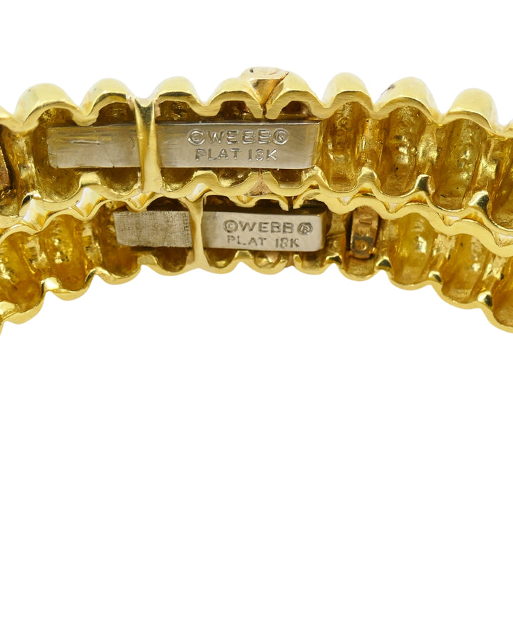 David Webb Pair of 18k Gold Bracelets Platinum Diamond Gemstone Cabochons