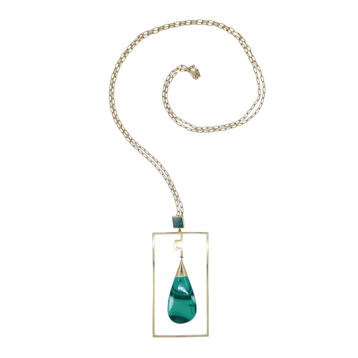 Modernist 10k Gold Malachite Pendant 14k Chain Necklace