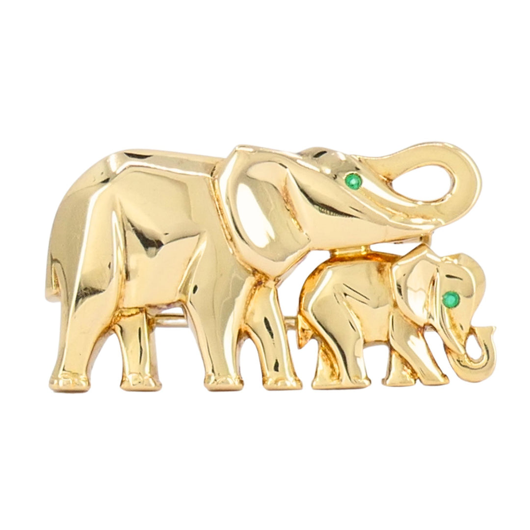 Vintage Cartier Ménagerie 18k Gold Emerald Mother and Baby Elephant Brooch