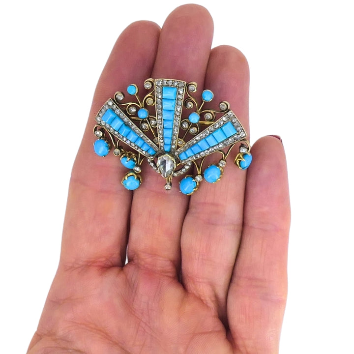 Victorian Brooch Gold Turquoise Diamond Antique