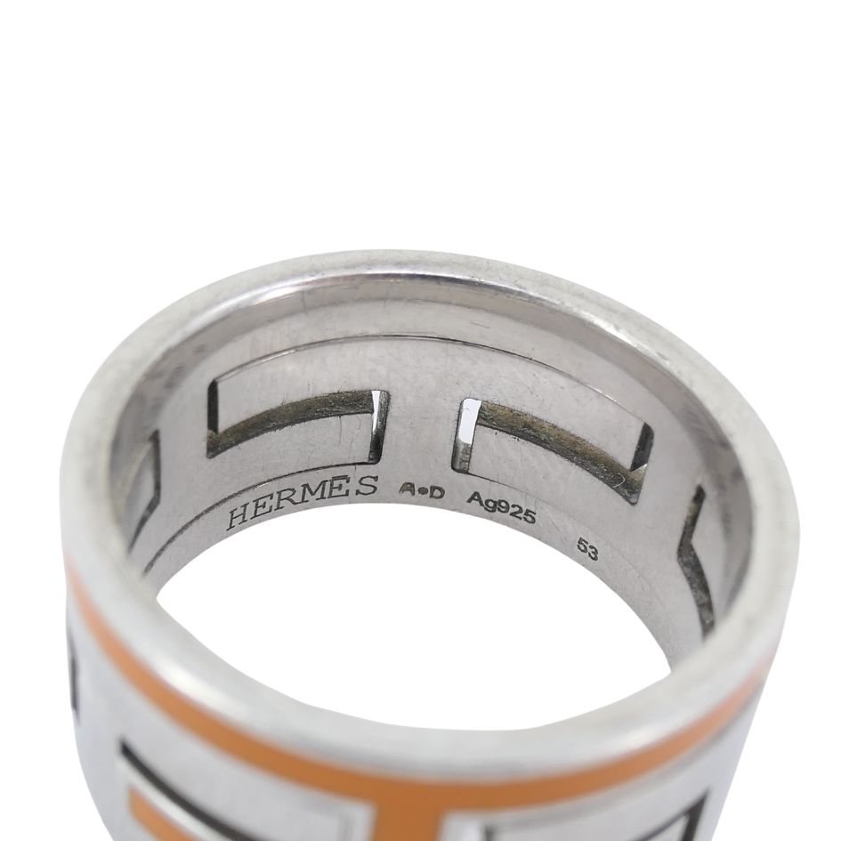 Hermès Sterling Silver Orange Enamel 'H' Motif Band Ring