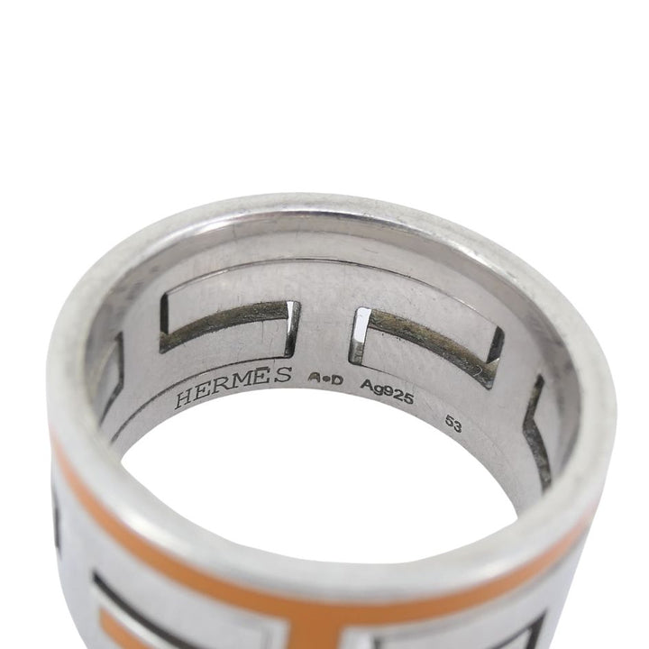 Hermès Sterling Silver Orange Enamel 'H' Motif Band Ring