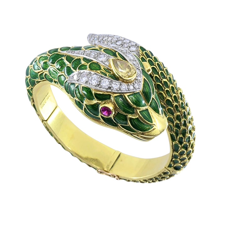 Vintage 18k Gold Platinum Snake Bangle Bracelet Diamond Yellow Sapphire Ruby