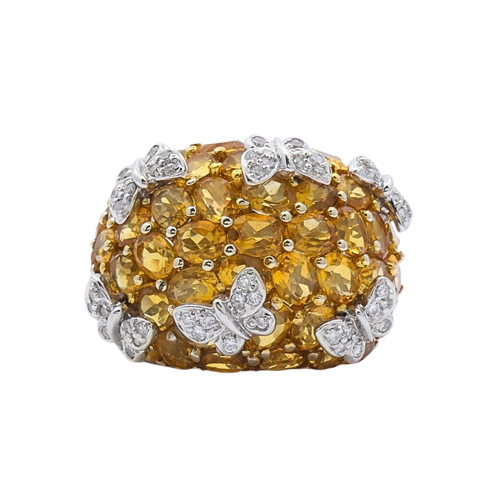 14k White Gold Citrine Diamond Butterfly Dome Ring