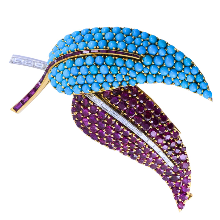 18k Gold Turquoise Ruby & Diamond Vintage Brooch and Earrings Set French Jewelry