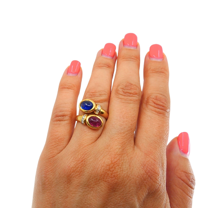 French 18k Gold  Ruby Sapphire Diamond Bypass Ring