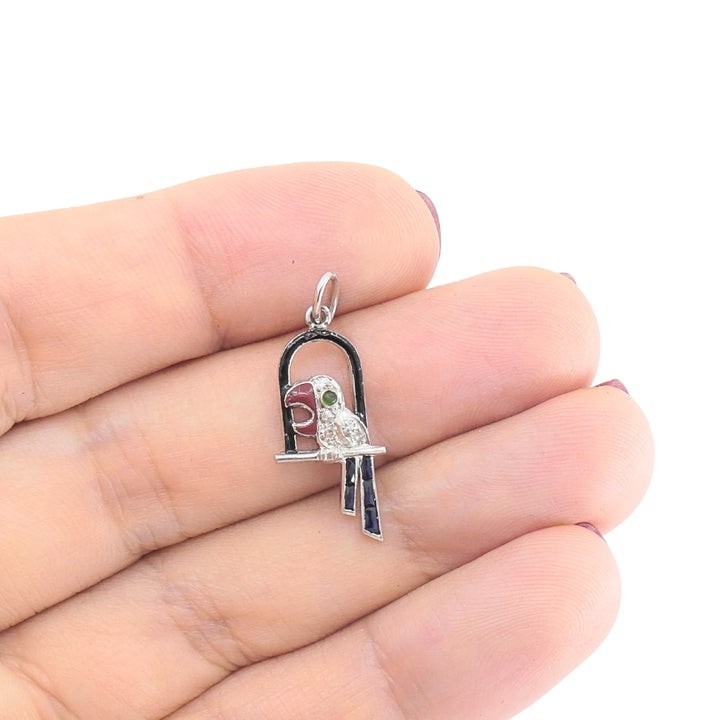 Antique Platinum Parrot Charm Gemstone Diamond Accents