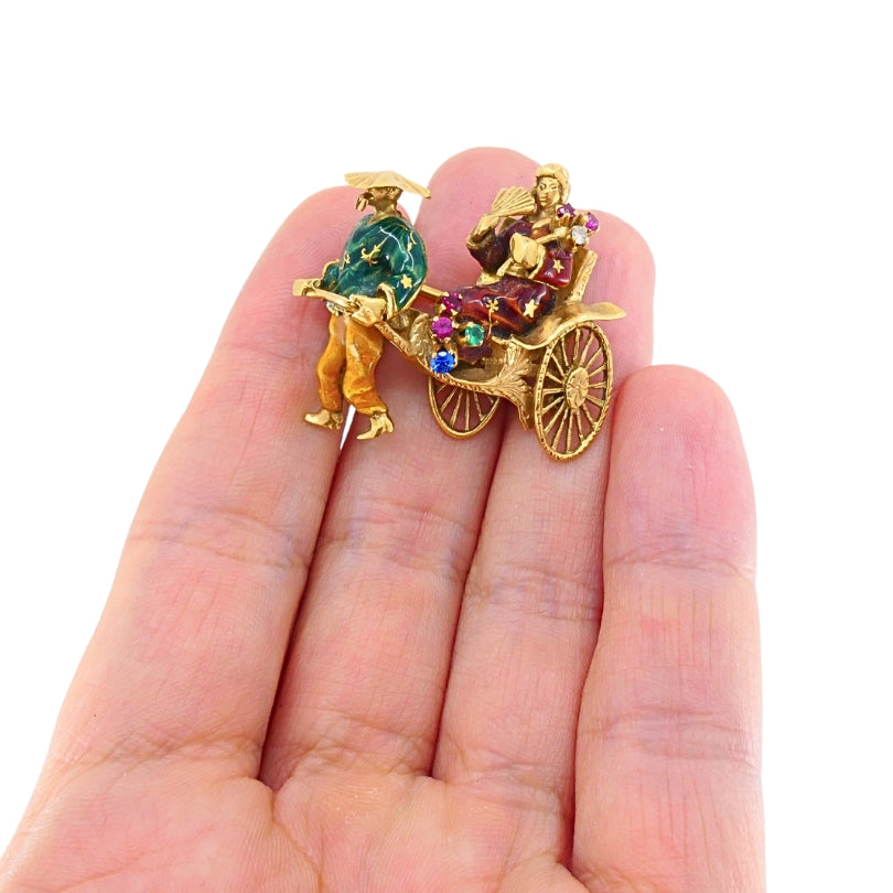 Vintage 18k Gold Riksha Brooch Pin Enamel Gemstone Accents