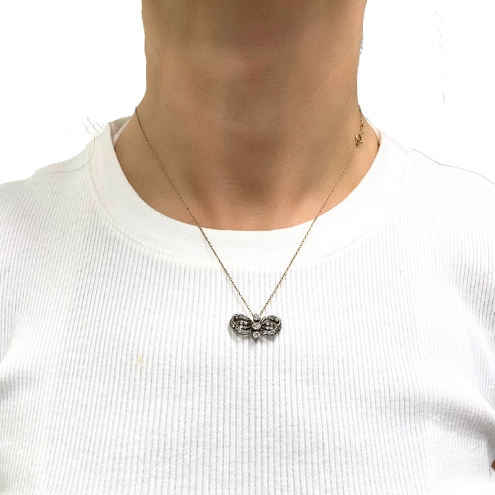 10k Gold Necklace Diamond Bow Pendant Edwardian Style