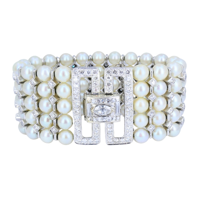Vintage 1950s 14k White Gold Pearl and Diamond Bracelet Estate Jewelry