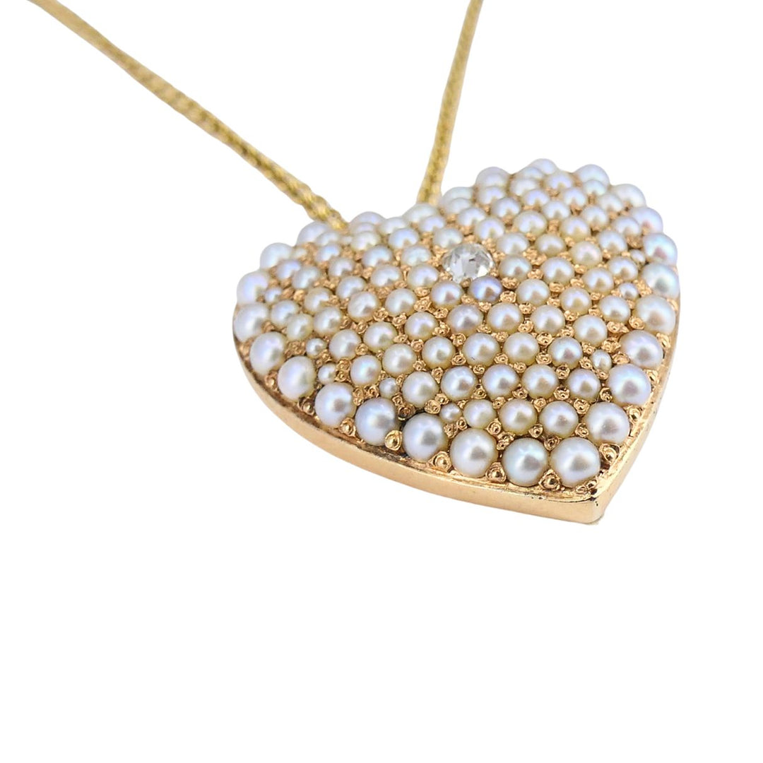 Vintage 14k Gold Diamond Pearl Heart Pendant Necklace