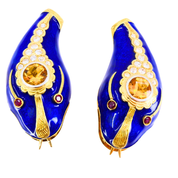 Vintage French 1950s Snake Earrings 18k Gold Platinum Blue Enamel Gemstones