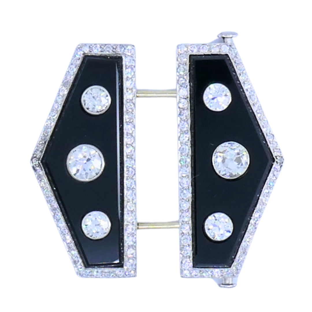 Art Deco Platinum Diamond & Onyx Double Clip Brooch Charlton & Co.
