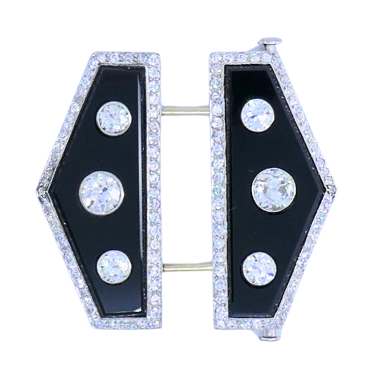 Art Deco Platinum Diamond & Onyx Double Clip Brooch Charlton & Co.