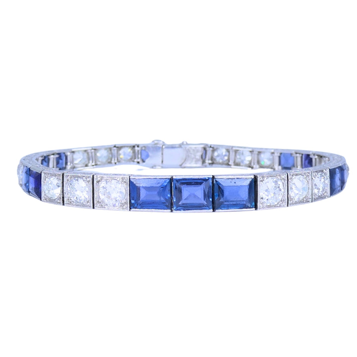 Art Deco Diamond Tennis Bracelet Sapphire Platinum Estate Jewelry