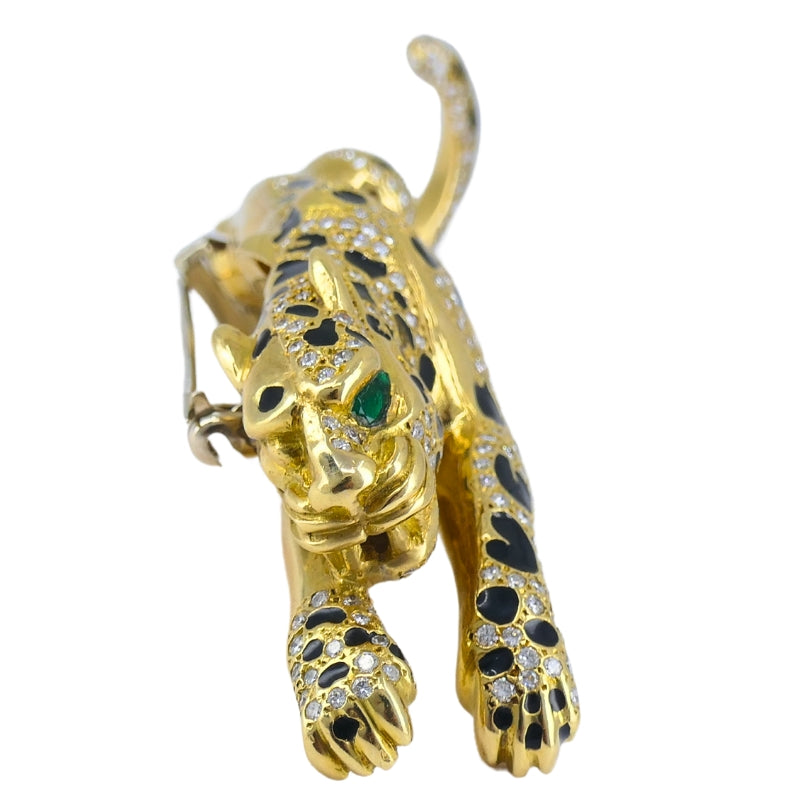 Vintage Panther Enamel Brooch 18k Gold Diamond Emerald