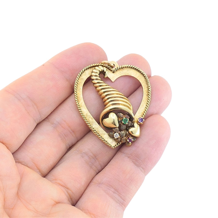Vintage 14k Gold Heart Pendant Gemstone Cornucopia Design