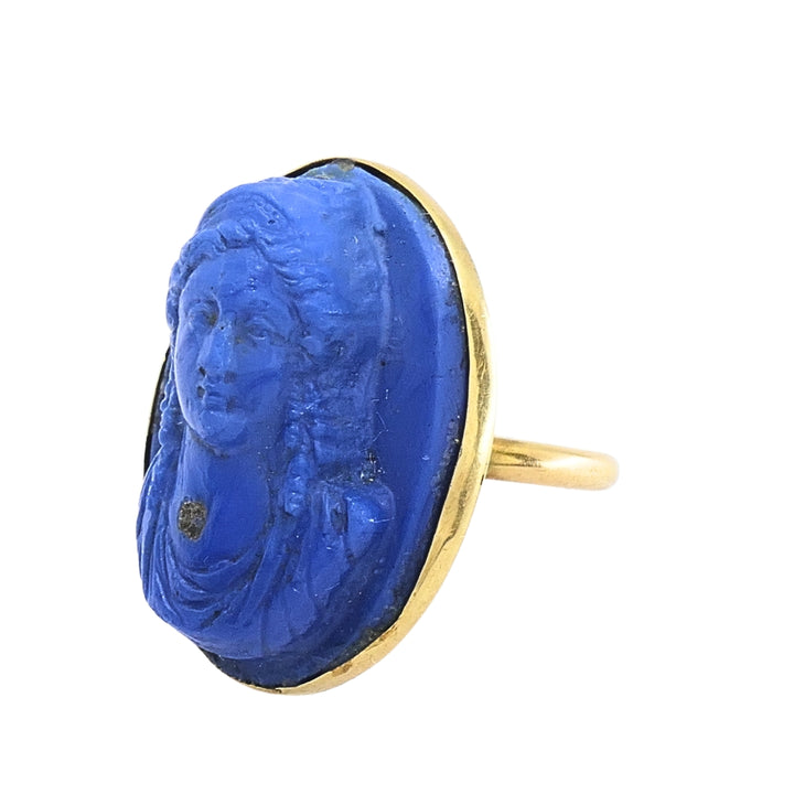 14k Gold Blue Carved Cameo Classical Portrait Ring