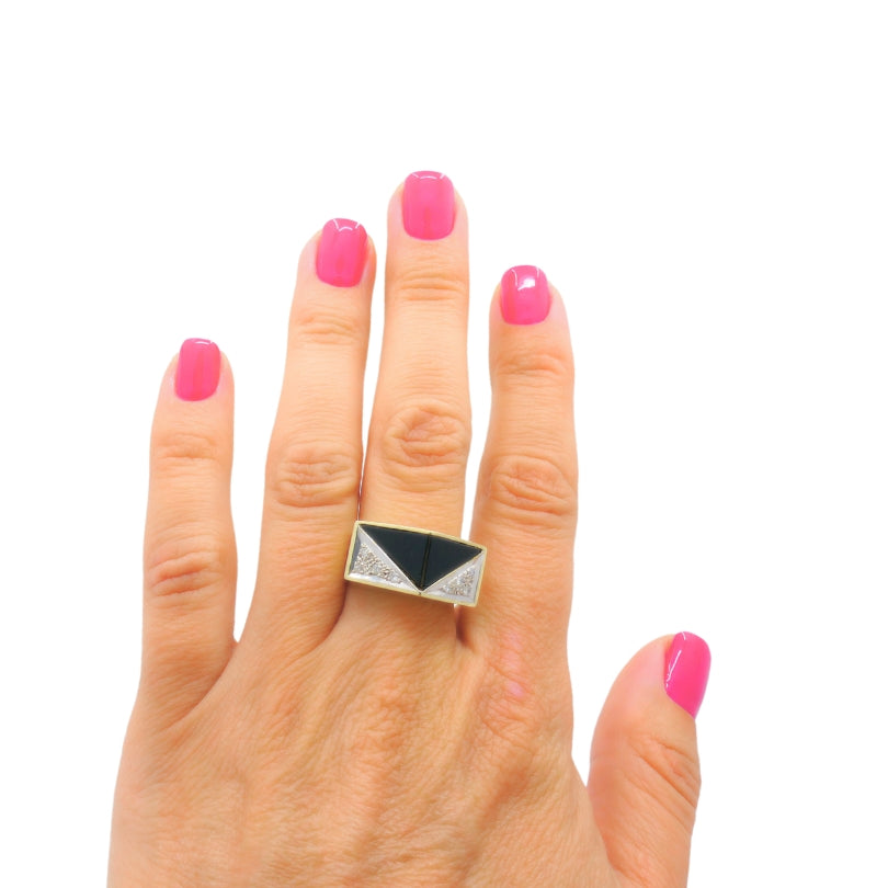 Vintage Geometric Ring 14k Gold Onyx Diamond